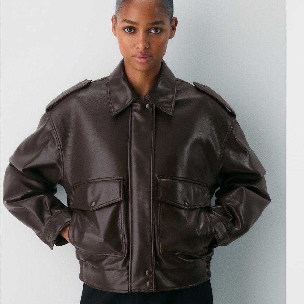 Aritzia Dark Brown Leather Bomber Jacket